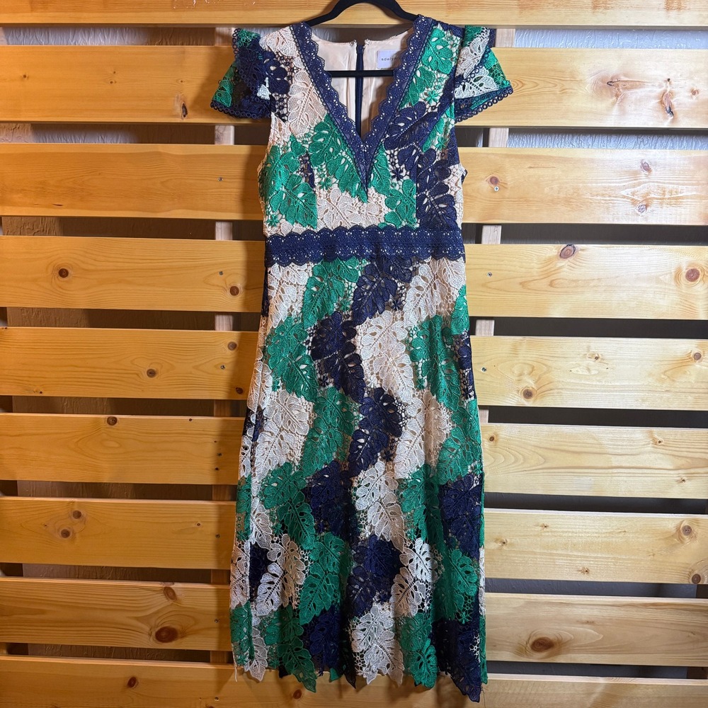 Adelyn Rae Lace Midi Dress Womens Small Green Navy Blue Tropical Leaf Preppy